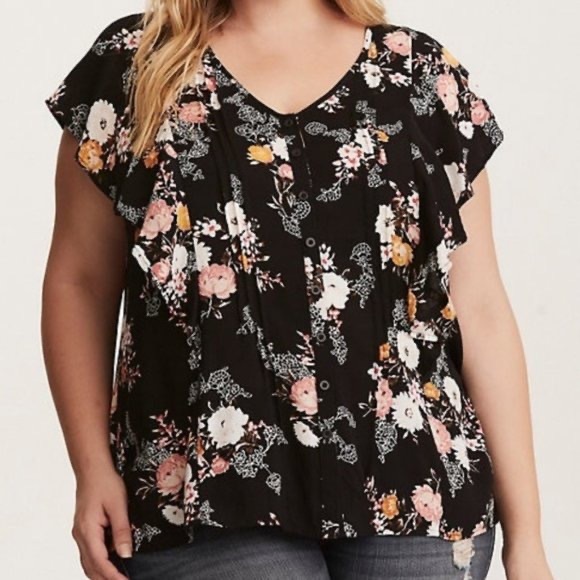 Torrid Flutter Sleeve Button Front Floral Blouse - Picture 1 of 6